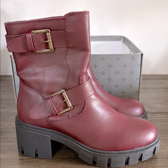 NIB [Sun + Stone] Lionell Faux Leather Buckle Motorcycle Heeled Boots Womens 5.5 - Picture 4 of 13